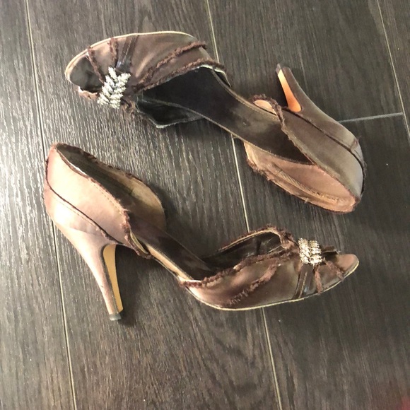 PEDRO GARCIA BROWN SATIN PEEP TOE CRYSTAL D’ORSAY - Picture 3 of 6